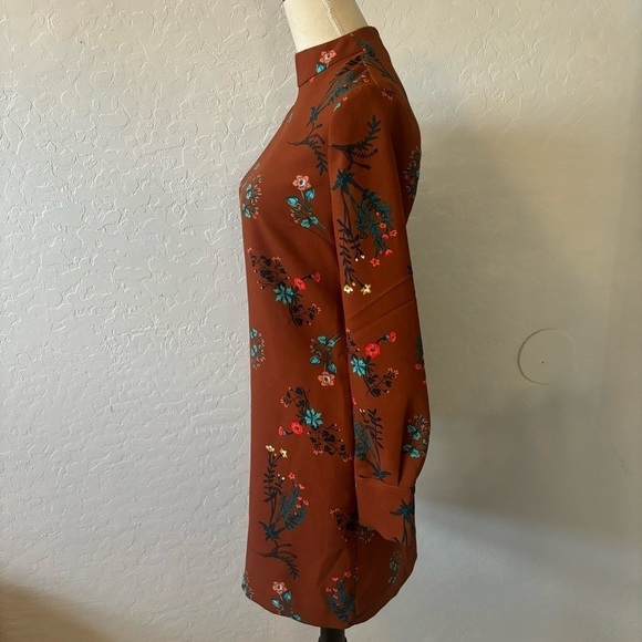 WAYF Brown Floral Long Sleeve Mock Neck Shift Dress Academia Preppy Size XS - Picture 4 of 13